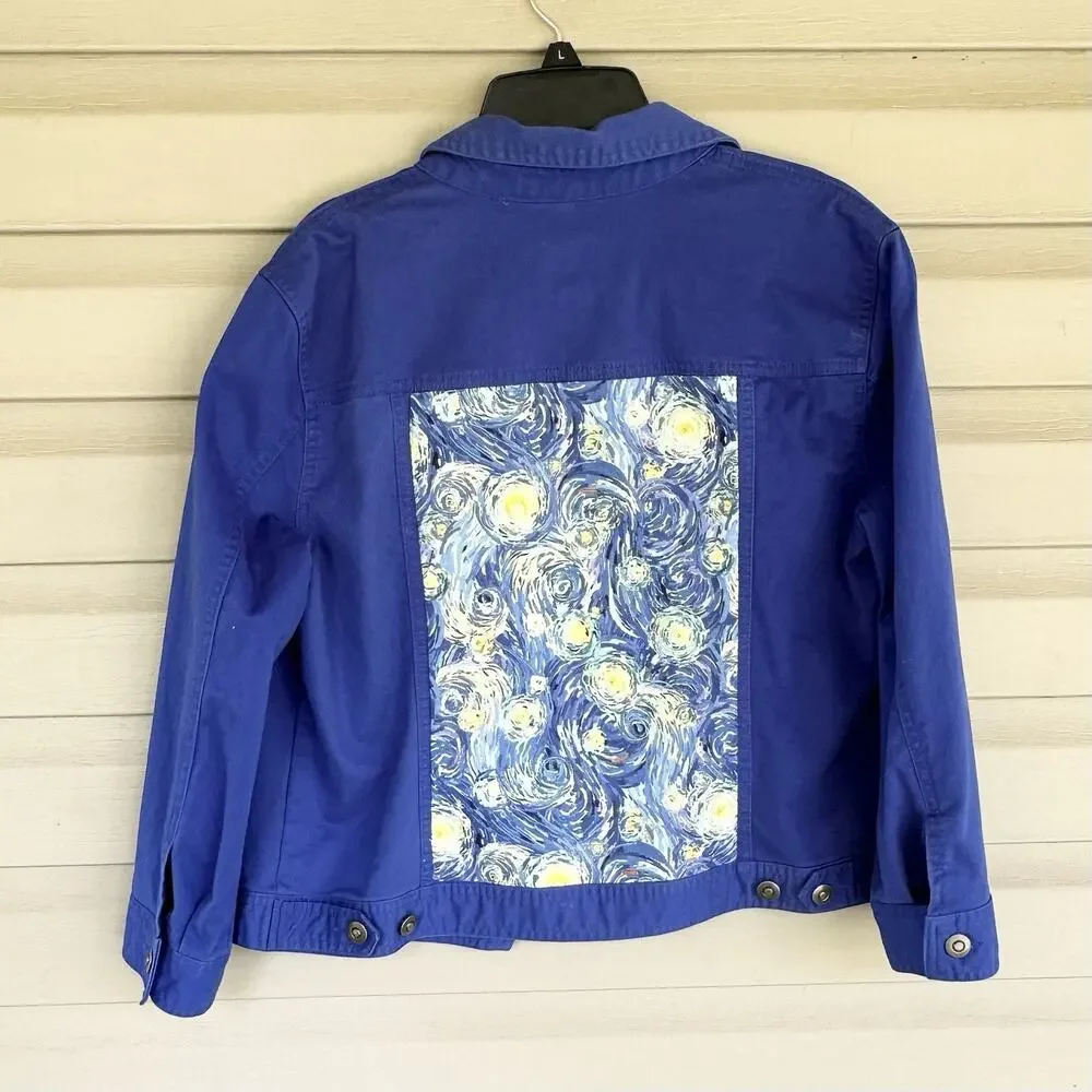 Royal Blue Upcycled Womens Jean Jacket Starry Night Size 10 Ruby Red